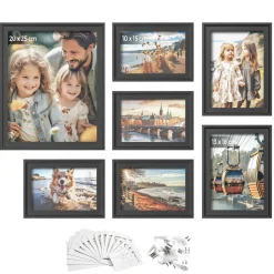 7 Cadres photo avec 16 passe-partout MDF et verre marron rustique