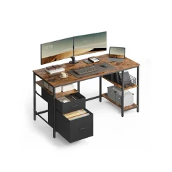 Bureau d’ordinateur 3 étagères 2 tiroirs marron rustique et noir