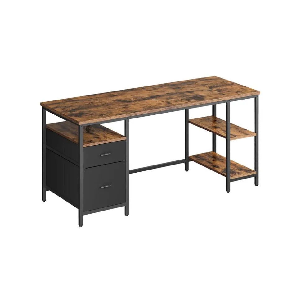 Bureau d’ordinateur 3 étagères 2 tiroirs marron rustique et noir