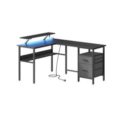 Bureau en L avec multiprise avec rehausseur d’écran noir boisé