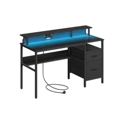 Bureau gaming avec lumières led et multiprise 2 tiroirs 2 ports usb noir boisé