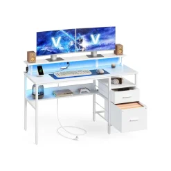 Bureau gaming avec lumières led et multiprise 2 tiroirs 2 ports usb noir boisé