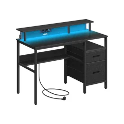 Bureau gaming avec lumières led et multiprise 2 tiroirs 2 ports usb noir boisé