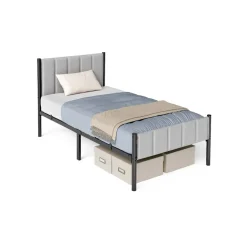 Cadre de lit simple 90 x 190 cm avec tête de lit rembourrée gris tourterelle