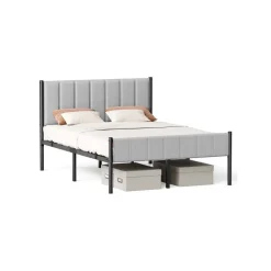 Cadre de lit simple 90 x 190 cm avec tête de lit rembourrée gris tourterelle