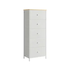 Commode colonne de rangement en tissu avec 5 tiroirs gris tourterelle et blanc crème