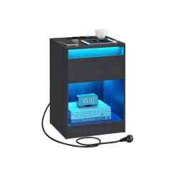 Kailyn Collection table de nuit avec multiprise lumières LED noir cendré