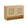 Meuble à chaussures rangement 3 niveaux avec portes aspect rotin étagère réglable en hauteur pieds en acier beige chêne