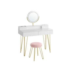 Miroir coiffeuse avec éclairage et taboutret 40 x 100 x 134,8 cm blanc mat et doré clair