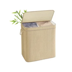 Panier à linge en bambou 90 L avec sac amovible couvercle poignées couleur naturelle