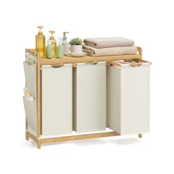 Panier à linge en bambou 3 x 50 L 94 x 33 x 78 cm blanc crème
