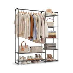 Portant à vêtements avec tringle et étagères en métal noir mat