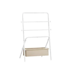 Porte-serviette sur pied 4 crochets blanc perle et marron camel