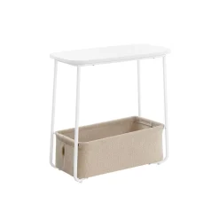 Table d’appoint avec panier en tissu blanc mat et marron