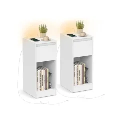 Table de chevet étroite avec LED ports USB tiroir